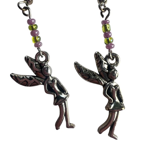 Silver Fairies w/Pink & Green Beads Dangling Earrings - Picture 2 of 3